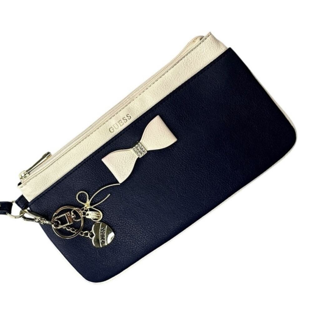 GUESS Wristlet Clutch Rhinestone Bow Accent Navy Cream
